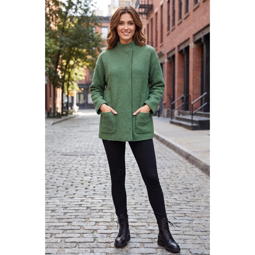 Eileen Fisher Green Lambswool Blend Jacket XS Boiled Wool Feel Minimalist Coat
